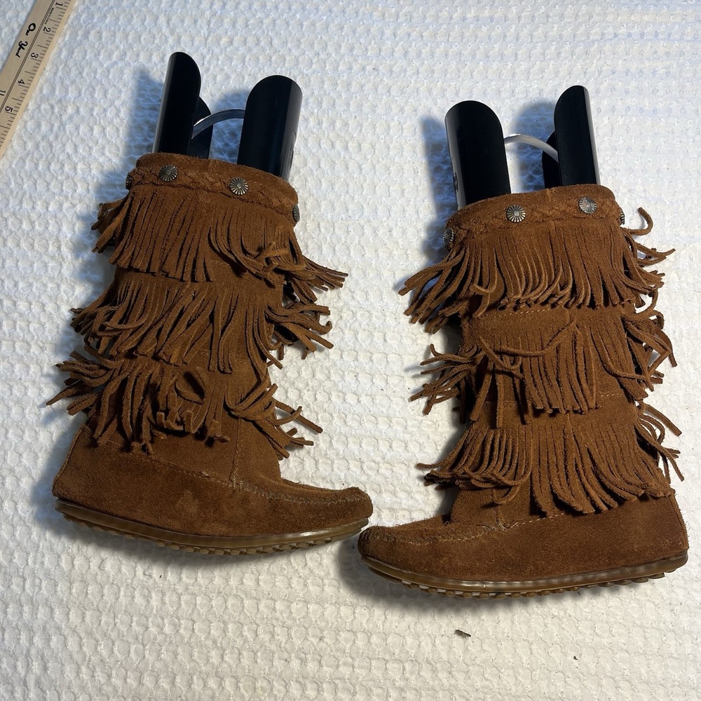 Minnetonka Boots Kids Size 1 Double Fringe Suede Moccasin Brown Leather Flaws*